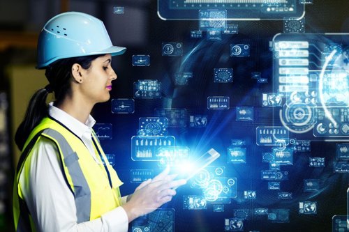 woman with futuristic data symbols coming out of her cellphone