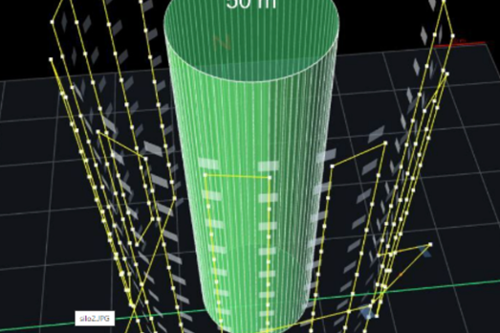 3D graphic of a green cylinder labeled "50 m" with surrounding grid lines and measurements on a dark background, illustrating spatial dimensions and modeling concepts