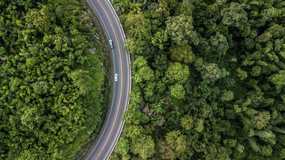 Aerial view of a winding road through dense green forest with two cars driving along the curve.