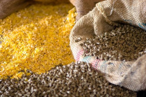 Verschillende soorten diervoeder, waaronder gele maïskorrels en bruine pellets