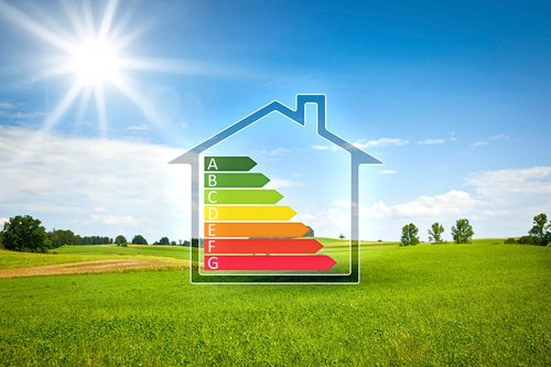 Een groene weide onder een blauwe lucht met een energielabel in huisvorm weergegeven, variërend van A tot G.