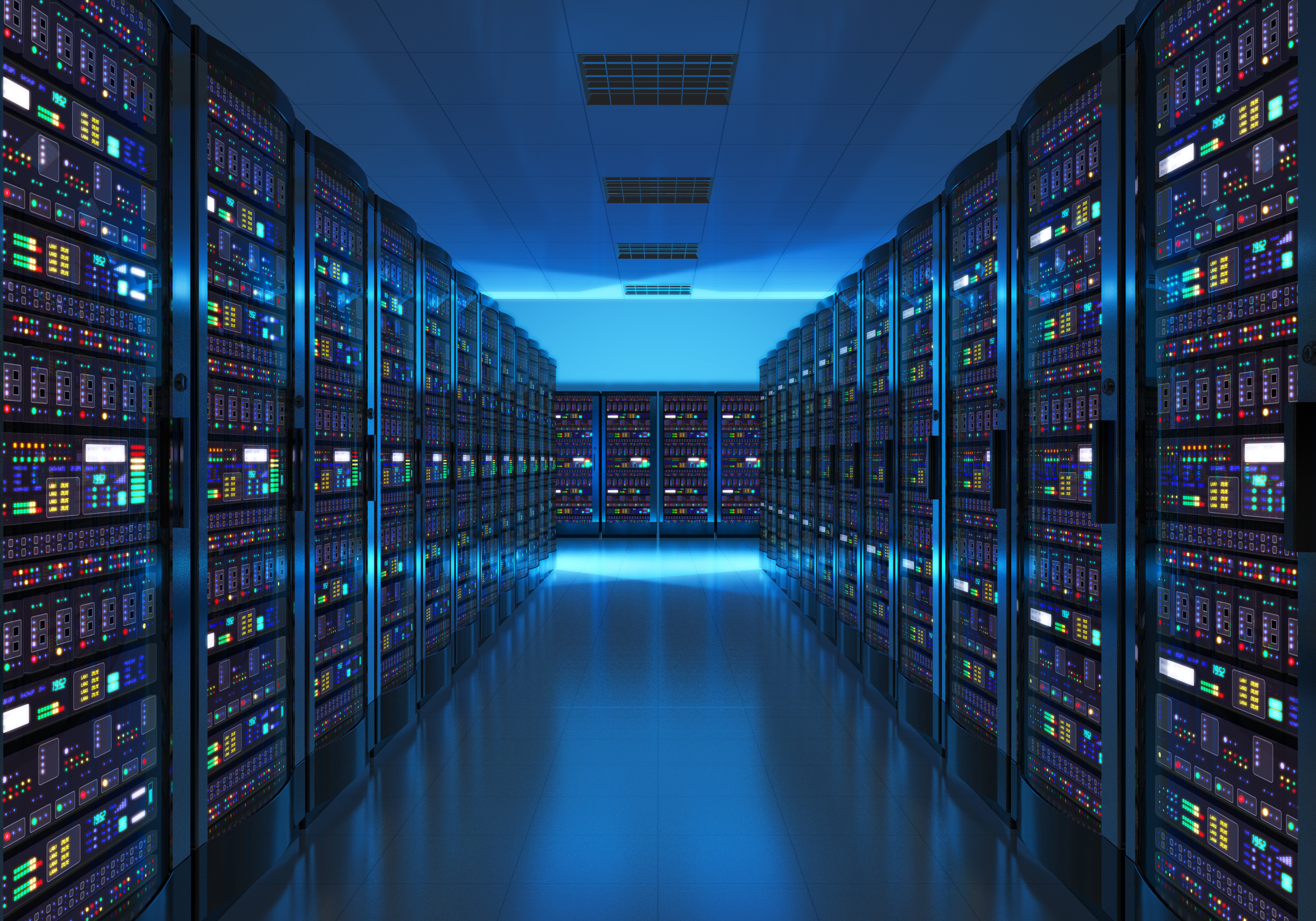 Modern data center interior with rows of illuminated server racks, showcasing advanced technology infrastructure and network connectivity