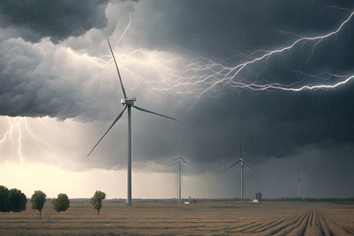 Kiwa inspected wind turbines in a field under a stormy sky with lightning bolts striking in the background