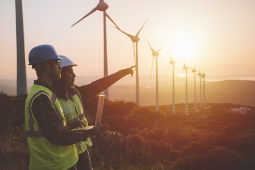 Two workers standing and pointing on a windmill field