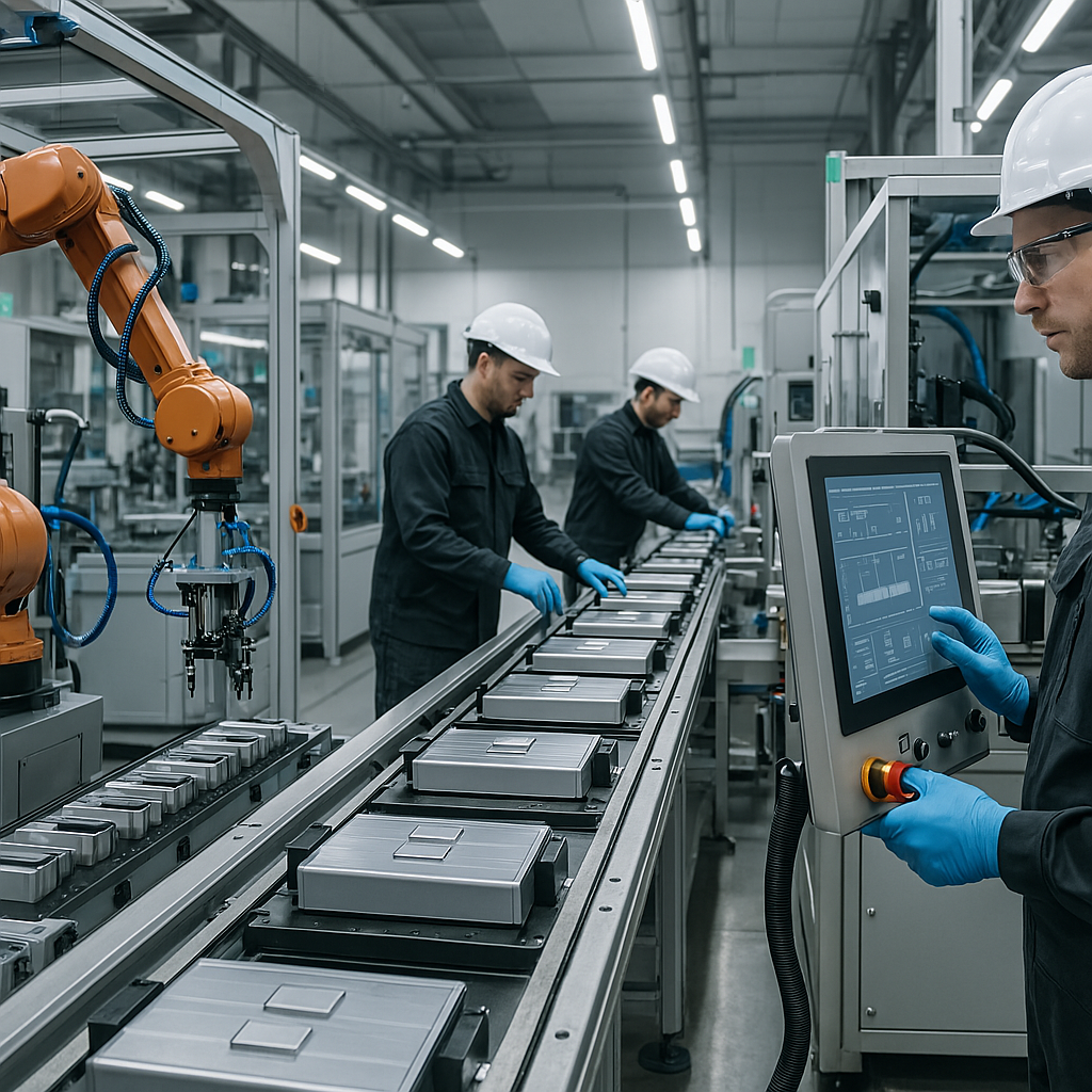 Workers in a factory with automated robots and an assembly line for electronic devices, wearing gloves and safety helmets.