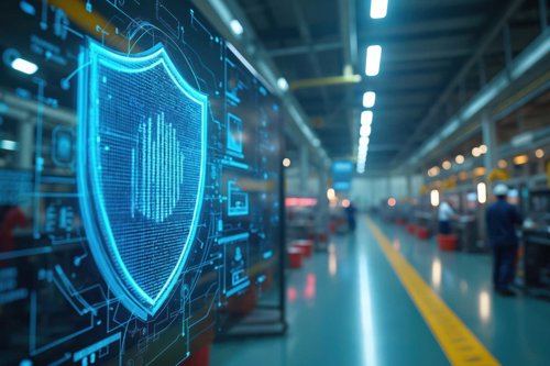 Digitalt säkerhetsskydd med sköldikon i en modern industrimiljö.