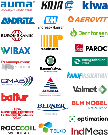 Logotyper för flera utställarföretag under Kraftvärmedagarna, inklusive AUMA, KOJA, Kiwa, Euromekanik, Endress+Hauser, Aerovit, Andritz, Radarbolaget, Jernforsen, Wibax, Ramén Valves, Energifabriken, Paroc, Processpumpar Norden, Aesseal, Valmet, GMAB och Knauf Insulation.