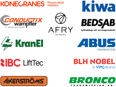 Collage med logotyper för Konecranes, Kiwa, Conduitx Wampfler, Bedsab, KranEl, BLH Nobel, IBC LiftTec, ABUS Kransystem, Åkerströms och Bronco Transmission AB.