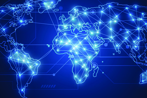 Glowing blue digital world map with connectivity lines and nodes, illustrating global network communication and technology